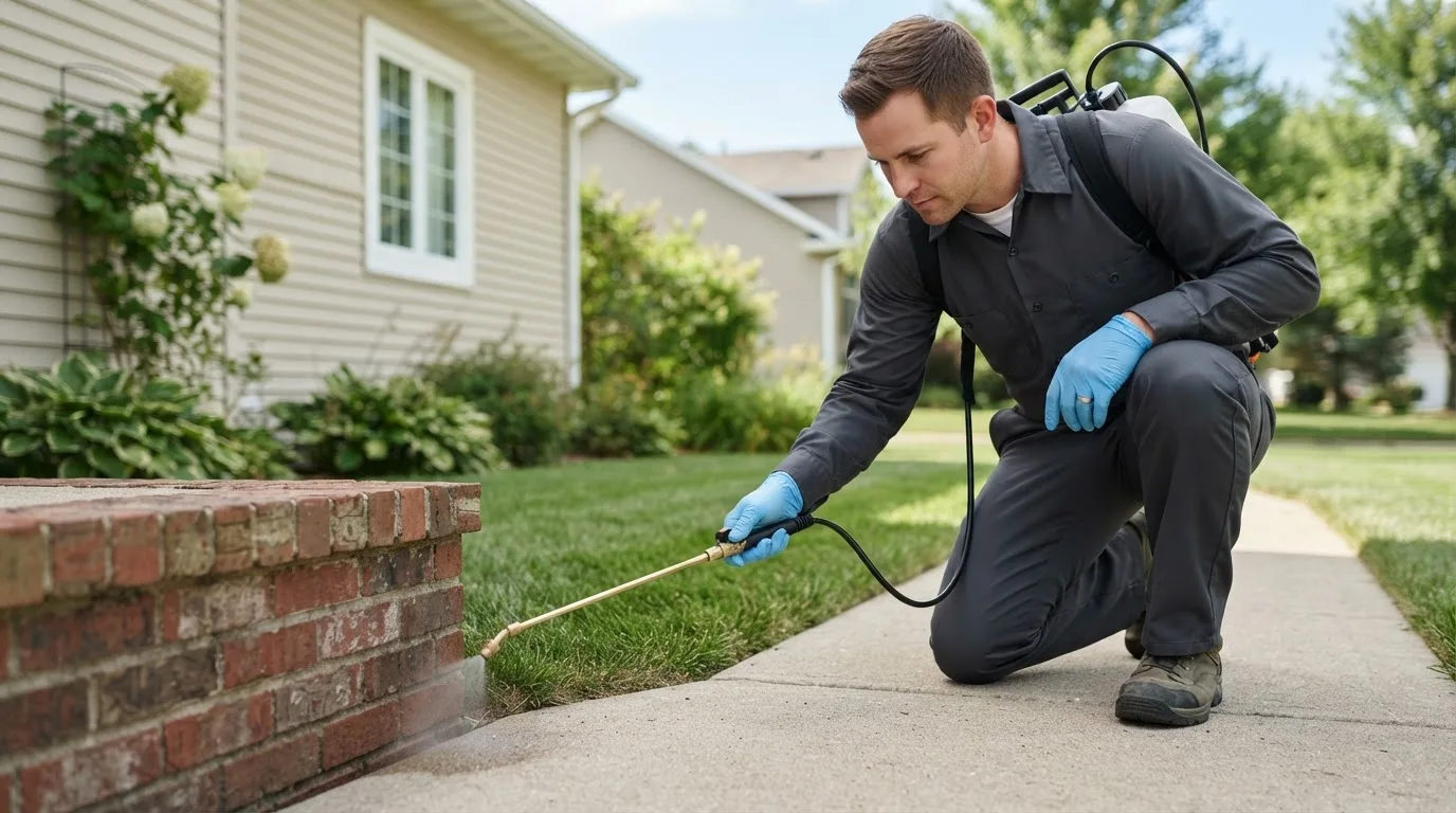 Pest control technician treating a home near Forbes, ND