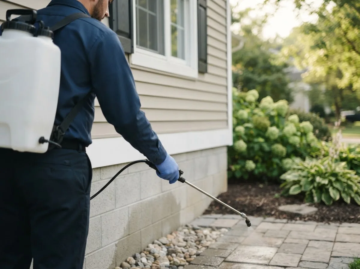Pest control technician inspecting a home in Forbes, ND